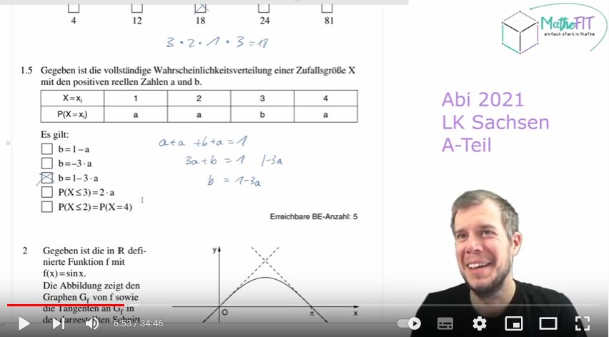 Screenshot vom youtube-Video. Zu sehen ist Teil einer Mathe-Abiaufgabe mit Lösungung.