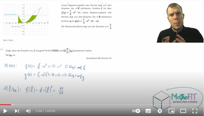 Screenshot vom youtube-Video. Zu sehen ist Teil einer Mathe-Abiaufgabe mit Lösung.